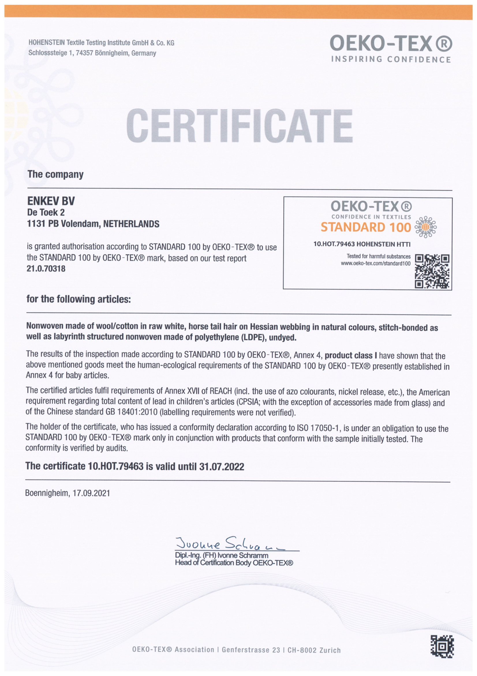 Certificate Oekotex ENKEV BV